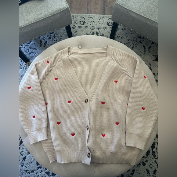 SHEIN Beige Cardigan with Red Hearts - Picture 1 of 8